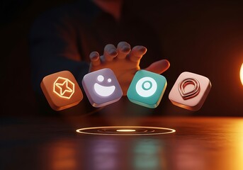 Hand presenting four floating application icons above a glowing surface suggesting modern digital interface