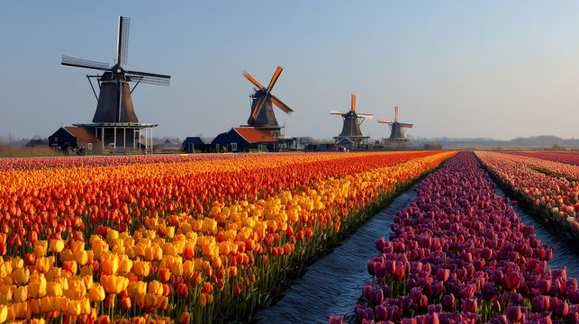 Tulip fields in bloom with windmills in the background