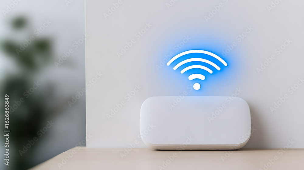 Poster white wireless internet router with blue glowing connection symbol on a table against a white wall, 
