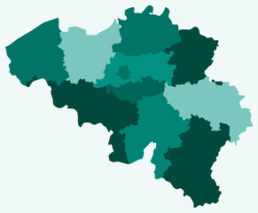 Map of Belgium with regions. Just a simple country border map with region division. Teal color palette. Plain Kingdom of Belgium shape with administrative division. Vector illustration.