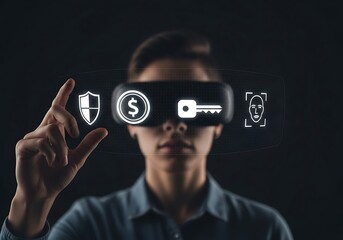 Woman wearing augmented reality glasses interacting with a secure digital interface for data protection