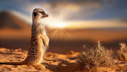 a vigilant meerkat stands upright in the arid desert its sharp eyes scanning the horizon bathed in warm sunlight its slender form and curious stance embody the essence of survival in the wild