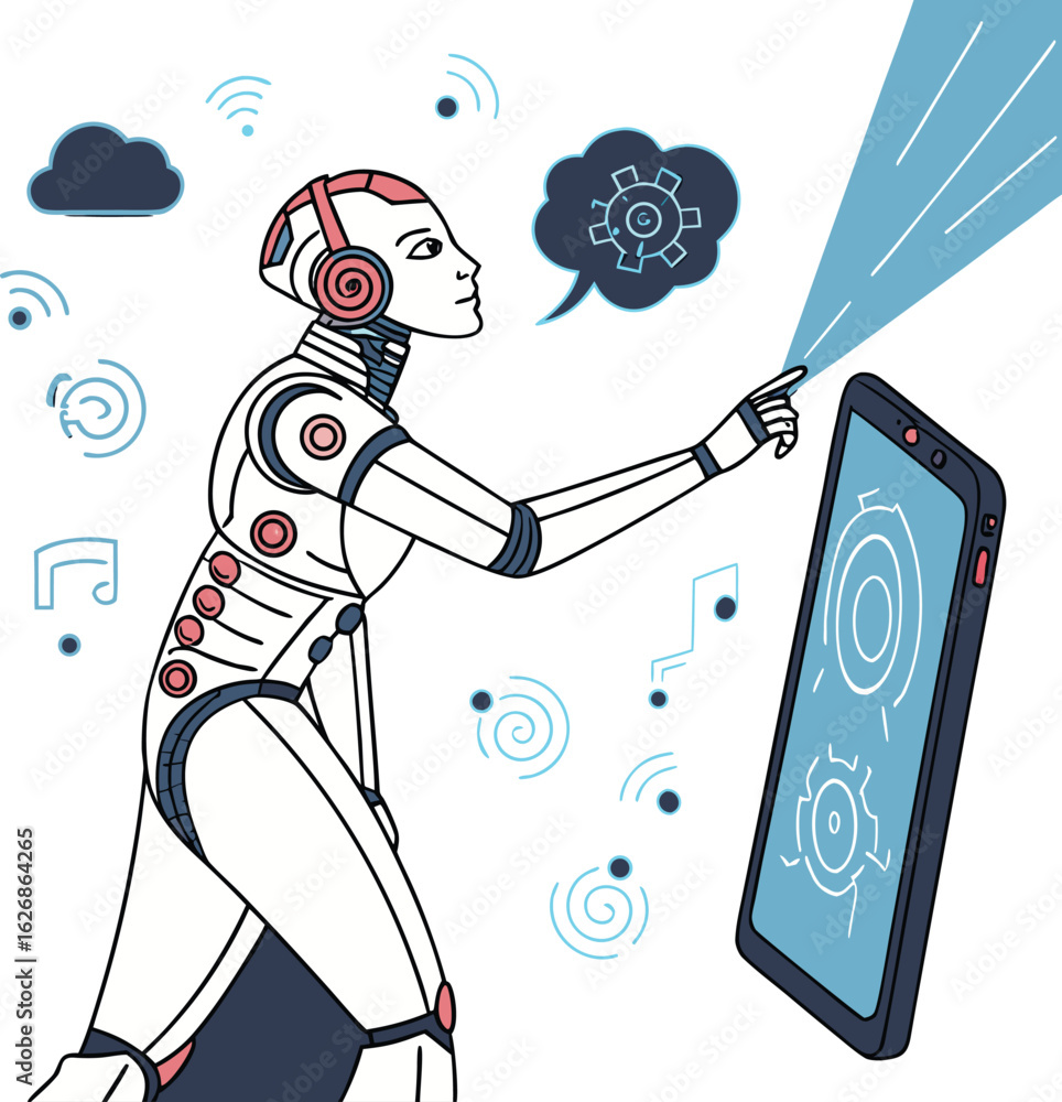 Poster vector art of robot interacting with a smartphone isolated on white background, showcasing artificia