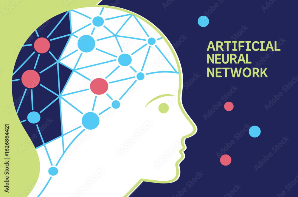Poster vector art of a graphic illustration of an artificial neural network in the shape of a human head