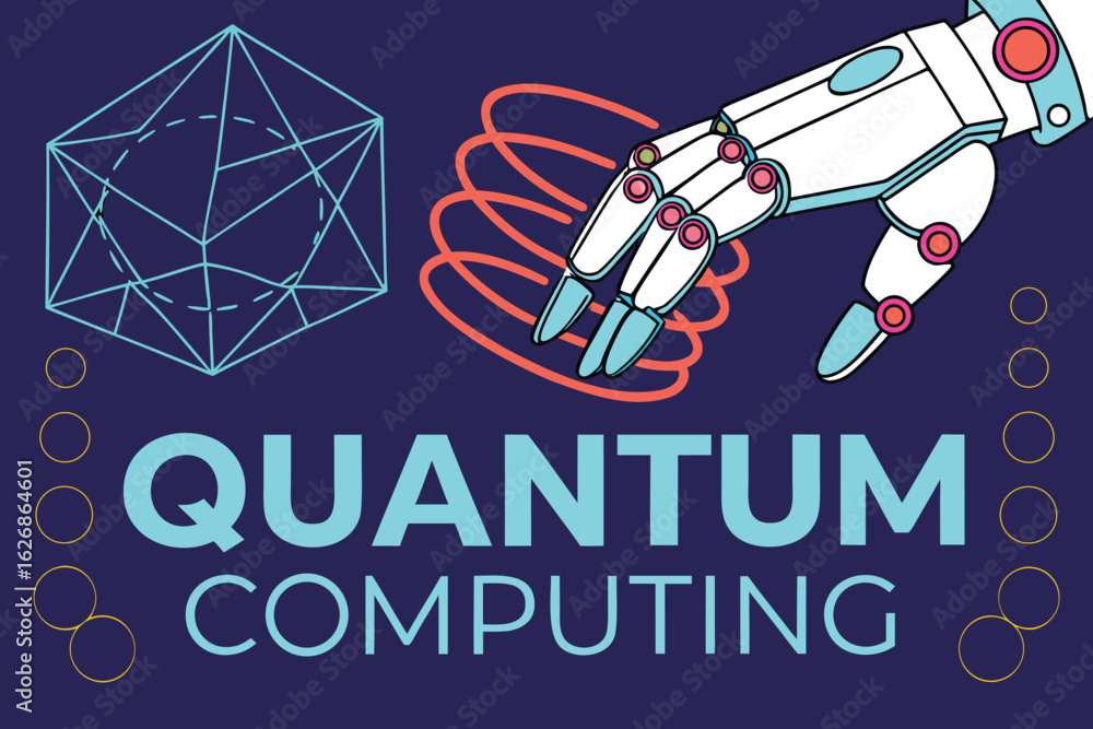 Poster vector art of quantum computing concept with robot hand and geometric shape on a dark blue backgroun