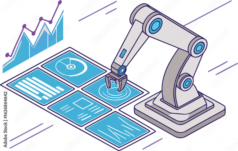Poster vector art of isometric illustration of a robot arm interacting with a digital dashboard and data ch