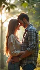 Fototapeta premium Romantic couple sharing a tender moment in a sunlit forest