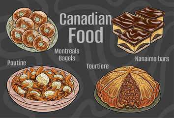 Popular Canadian Traditional Cuisine Set. Hand-drawn vector illustration on a dark background.