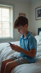 Young boy engrossed in smartphone