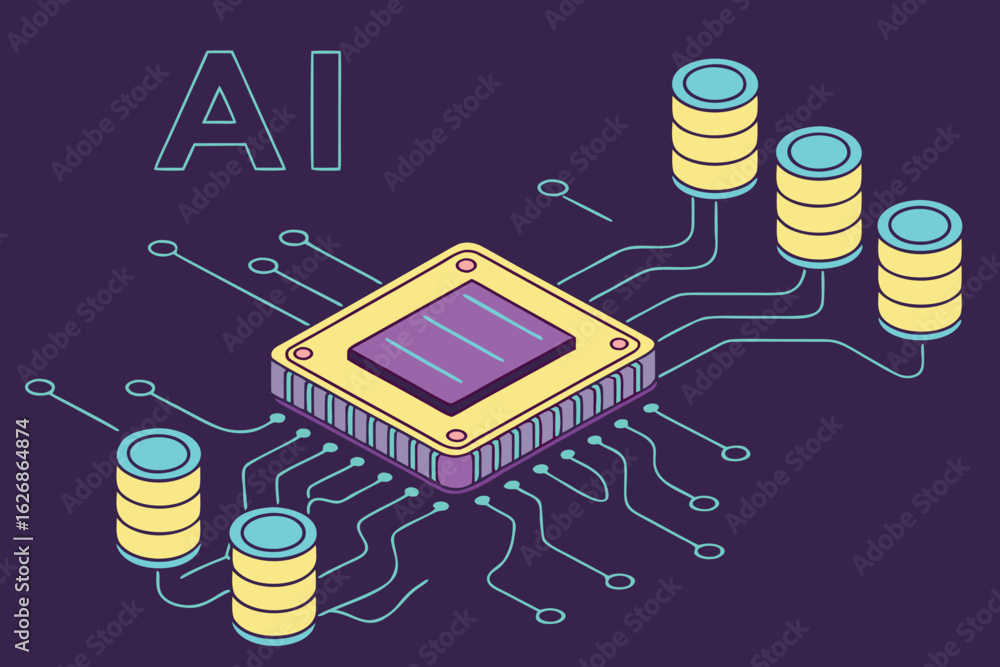 Poster vector art of isometric illustration of an ai chip with data connections representing artificial int