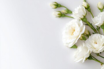 White roses create a serene backdrop for wedding invitations or Mother's Day messages with ample copy space included. spring background, advertising, banner, flyer. gentle,