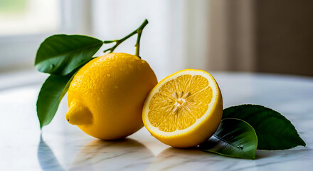 Fresh lemons with green leaves on a marble surface by a window