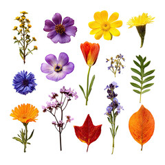 Colorful flower and leaf collection on black background