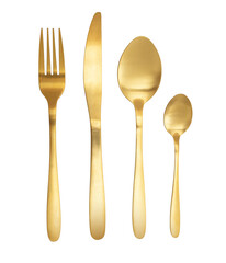 Golden cutlery set with fork, knife and spoons on transparent background