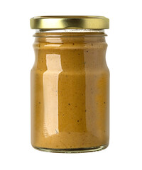 Glass jar containing mustard with gold lid on white background