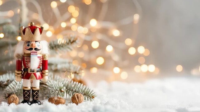 Classic wooden nutcracker on snow with fir branches and walnuts. Christmas tradition and decor concept.  
