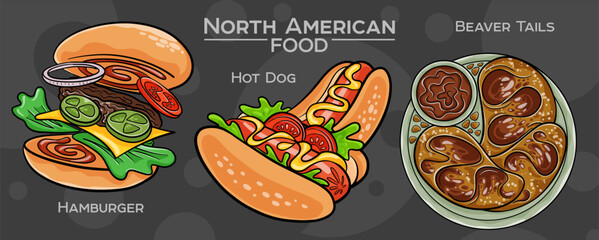 Popular North American Foods Set. Hand-drawn vector illustration on a dark background.