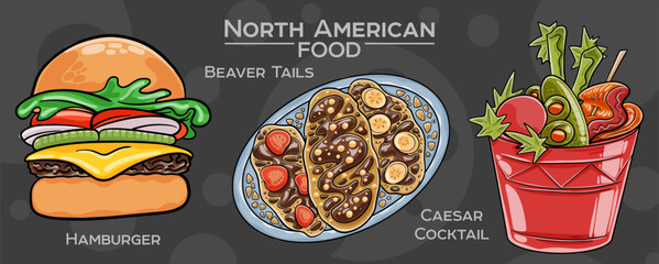 Popular North American Foods Set. Hand-drawn vector illustration on a dark background.
