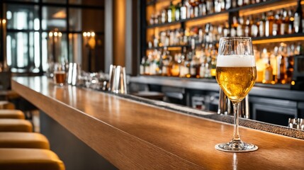 Obraz premium Beer glass on wooden bar counter in luxury pub interior