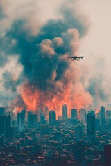 Obraz premium Flames and thick black smoke rise from a city area as emergency drones survey the disaster. The scene captures an intense fire engulfing multiple buildings in daylight