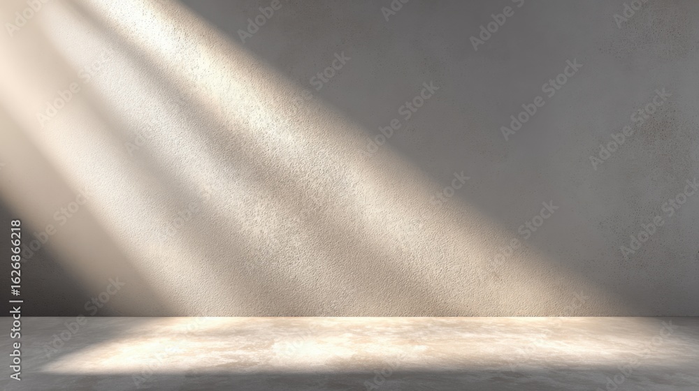 Poster sunlight filters through an unseen source, casting gentle rays on a plain wall and smooth floor. thi