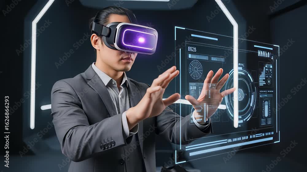 Poster man in sleek suit explores virtual reality environment with immersive technology in modern space