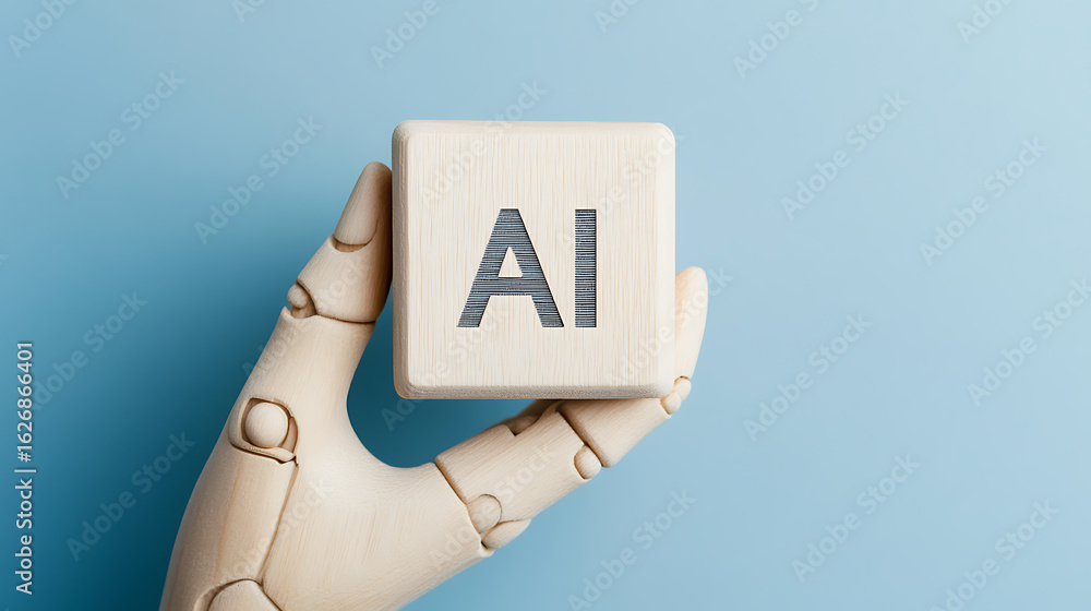Poster wooden ai block: a symbol of artificial intelligence and digital innovation, held by a robotic-like 