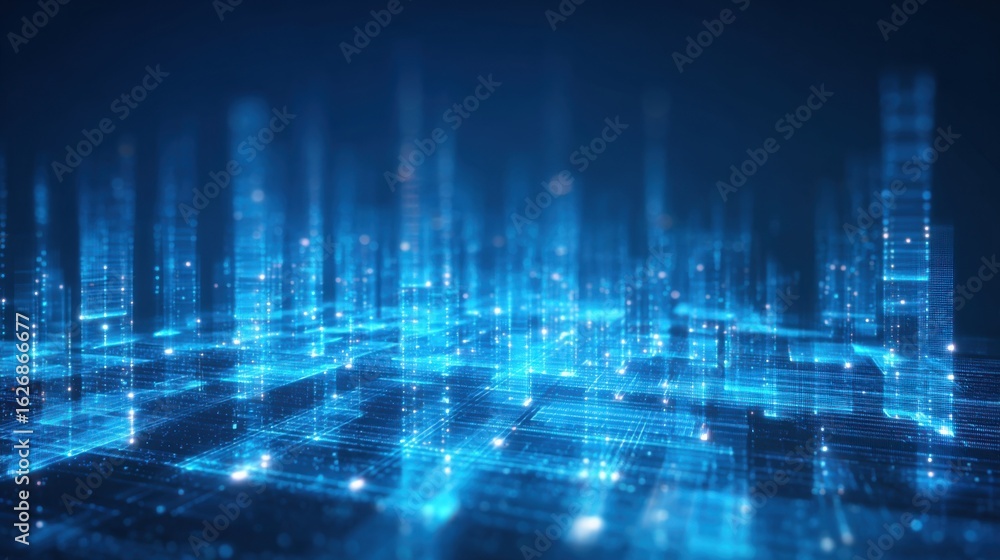 Poster a digital landscape unfolds with bright blue lines and grids creating a three-dimensional effect rem