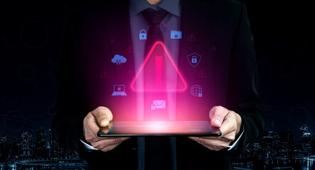 Cybersecurity threat alert protects data. Cyber security threat alert prevents access, alert warns...