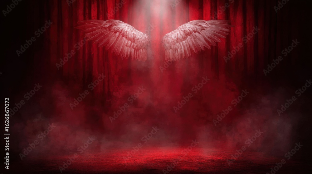 Poster a dramatic display of large, ethereal wings rises from swirling mist against a deep red curtain back