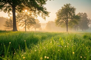 Golden sunrise illuminates a misty meadow with dewcovered grass and trees