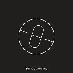 No pills symbol or icon. Vector stock illustration isolated on black background for design template medical, pharmacy, hospital, healthy bio shop concept web and print material. Editable stroke line.
