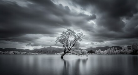 Wanaka Tree Under Moody Sky: The lone, iconic Wanaka Tree stands gracefully in the serene waters, framed by a dramatic, monochrome sky, creating a captivating scene of natural beauty and tranquility.
