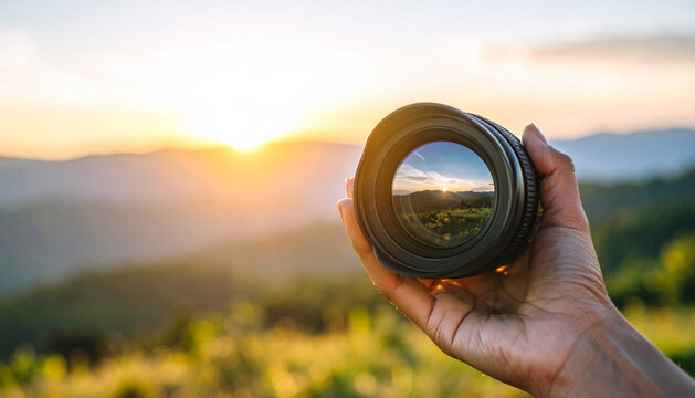 World Photography Day A vintage camera lens reflecting a beautiful landscape