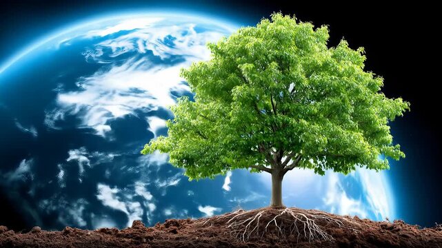 Green tree with deep roots growing in soil against Earth planet background, symbolizing nature, sustainability, ecological balance, and environmental protection. Ideal for eco themes
