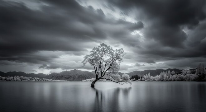 Wanaka Tree Under Moody Sky: The lone, iconic Wanaka Tree stands gracefully in the serene waters, framed by a dramatic, monochrome sky, creating a captivating scene of natural beauty and tranquility.