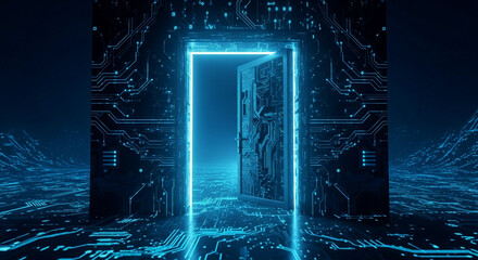 Unlock the future with this modern digital doorway, perfect for technology and innovation concepts in vibrant blue hues