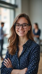 Fototapeta premium Confident young woman smiling in a modern office
