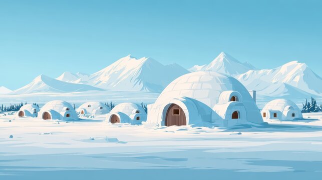 Snowy Arctic landscape featu traditional igloos under clear blue sky with distant mountain range