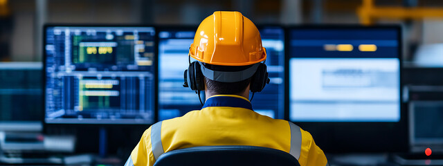 Control room worker monitoring system displays. Protective gear ensures safety as they oversee the industrial processes and digital interfaces for seamless operations.