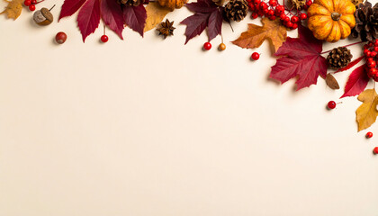 Festive autumn composition, featuring a vibrant border of colorful leaves, pumpkins, and berries on a light background with copy space.