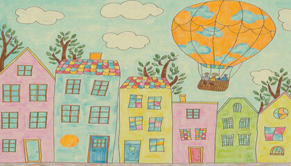 colorful drawing of houses and a hot air balloon against a bright sky.