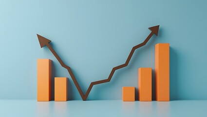 Visualizing financial growth and positive trends with an upward trending line chart over orange bar graphs against a light blue background