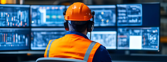 Operator Monitoring Screens: A worker in safety gear attentively watches multiple data-filled monitors, ensuring smooth industrial processes and informed decision-making.