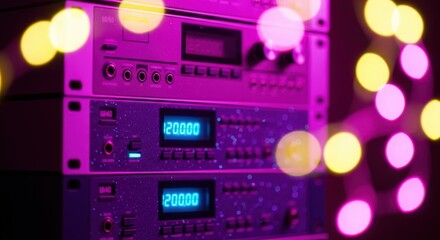 Obraz premium Closeup of audio equipment rack with glowing lights and bokeh effect