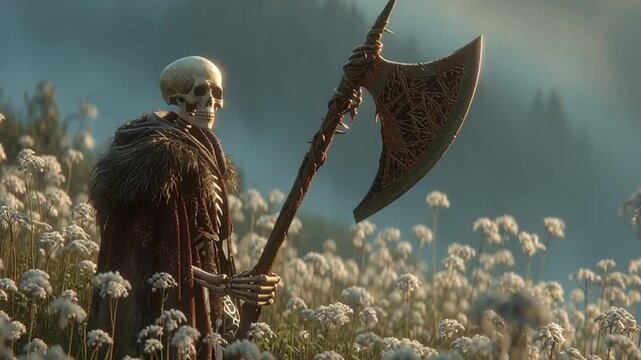 Skeletal Executioner Holding Rusted Axe in Ethereal Flower Field