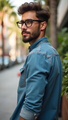 Obraz premium Stylish man with glasses in a denim shirt