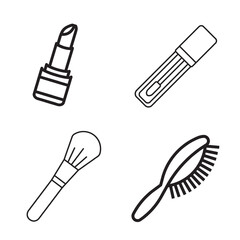 Beauty and cosmetic product set. Including lipstick, mascara, makeup brushes, and hairbrushes. Illustration vector