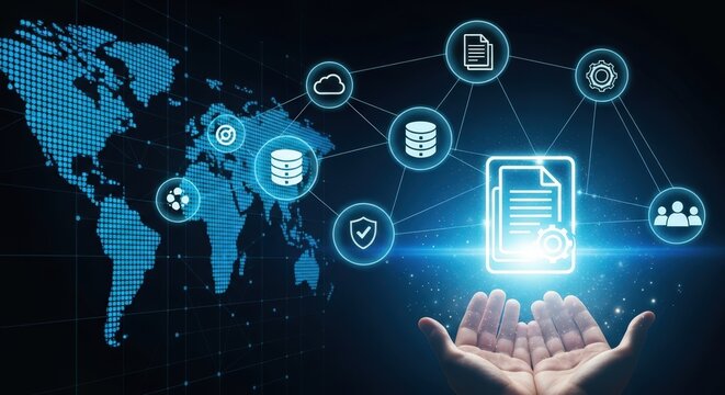 Hands holding glowing digital document icon connected to global network and data systems