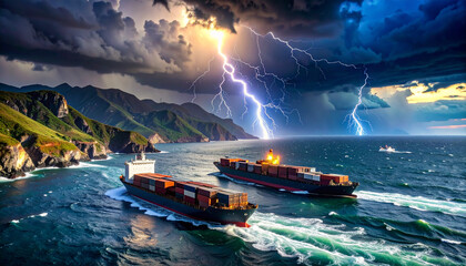 Narrow strait under dramatic stormy sky, dark turbulent water with visible currents pushing cargo ships